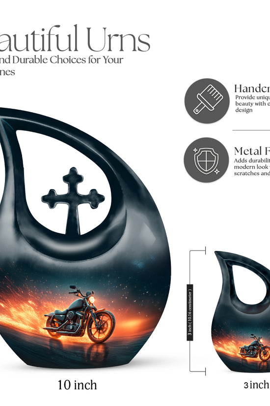 Sky Blue Bike Cremation Urn back view with polished surface - sacred cross merged with bike motif on metal - mini keepsake memorial for portion of cremation ashes