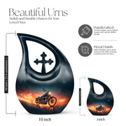 Sky Blue Bike Cremation Urn back view with polished surface - sacred cross merged with bike motif on metal - mini keepsake memorial for portion of cremation ashes