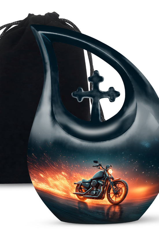 Cobalt Blue Bike Cremation Urn top-down view of secure threaded lid - faith-inspired cross-drop urn with bike pattern - full-size 10 inch 200 cubic inch adult cremation urn