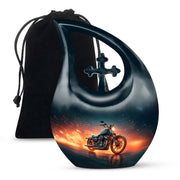 Cobalt Blue Bike Cremation Urn top-down view of secure threaded lid - faith-inspired cross-drop urn with bike pattern - full-size 10 inch 200 cubic inch adult cremation urn