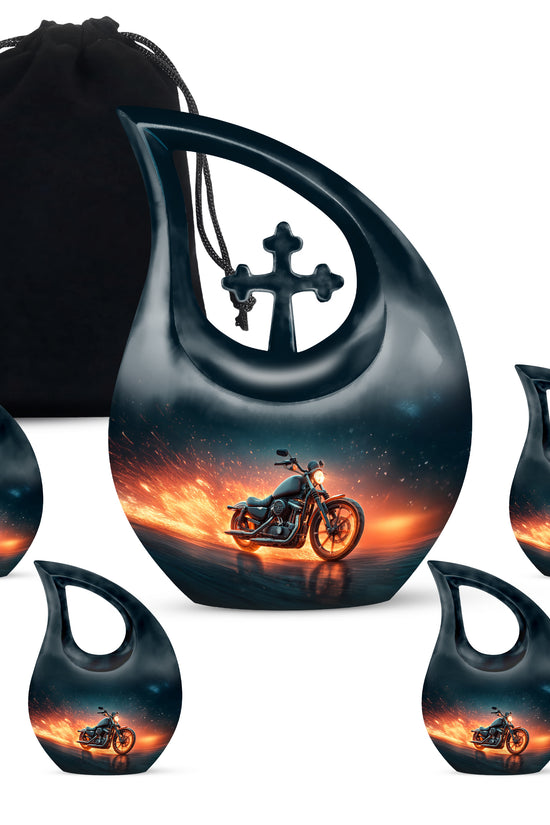 Soft Blue Bike Cremation Urn urn with complimentary velvet bag - faith-inspired cross-drop urn with bike pattern - memorial set with one large and four small urns