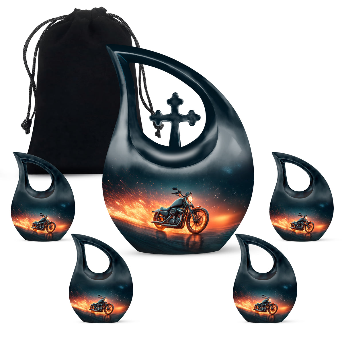 Soft Blue Bike Cremation Urn urn with complimentary velvet bag - faith-inspired cross-drop urn with bike pattern - memorial set with one large and four small urns