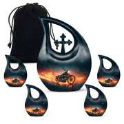 Soft Blue Bike Cremation Urn urn with complimentary velvet bag - faith-inspired cross-drop urn with bike pattern - memorial set with one large and four small urns
