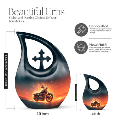 Navy Blue Bike Cremation Urn back view with polished surface - cross and bike combined in spiritual memorial design - mini keepsake memorial for portion of cremation ashes