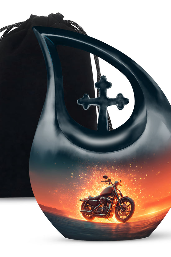 Twilight Blue Bike Cremation Urn top-down view of secure threaded lid - faith-inspired cross-drop urn with bike pattern - full-size 10 inch 200 cubic inch adult cremation urn