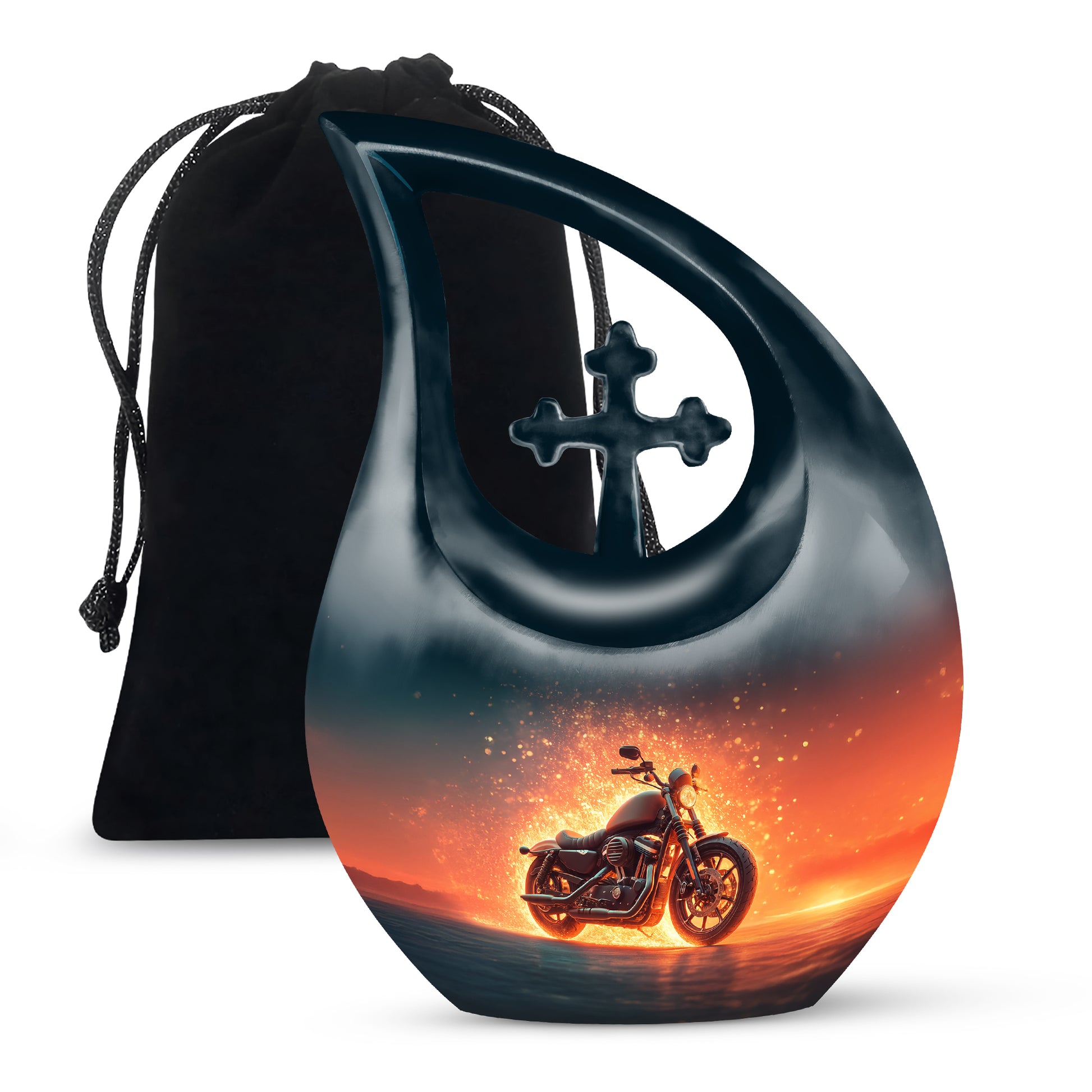 Twilight Blue Bike Cremation Urn top-down view of secure threaded lid - faith-inspired cross-drop urn with bike pattern - full-size 10 inch 200 cubic inch adult cremation urn