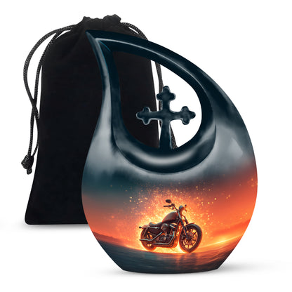 Twilight Blue Bike Cremation Urn top-down view of secure threaded lid - faith-inspired cross-drop urn with bike pattern - full-size 10 inch 200 cubic inch adult cremation urn