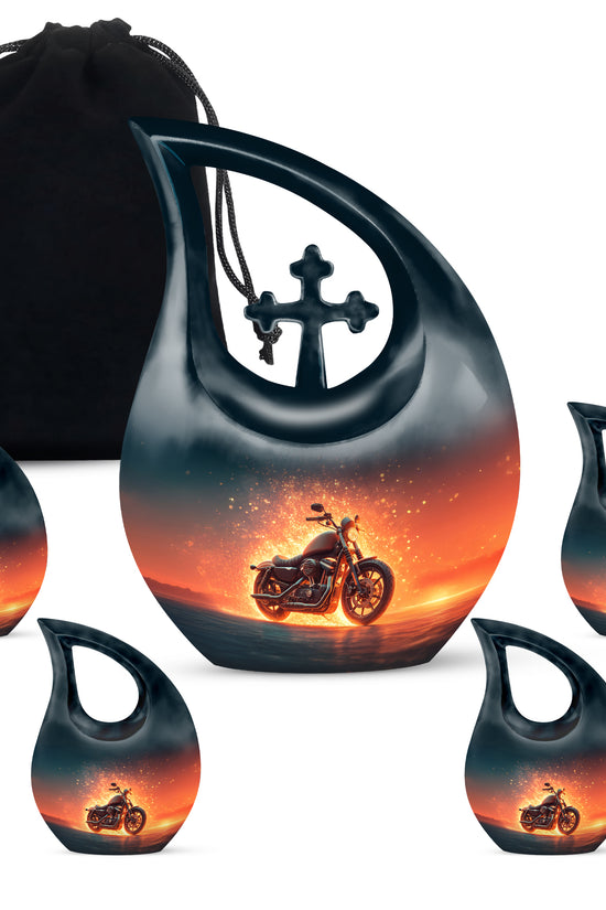 Royal Blue Bike Cremation Urn urn with complimentary velvet bag - faith-inspired cross-drop urn with bike pattern - memorial set with one large and four small urns