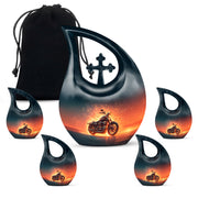 Royal Blue Bike Cremation Urn urn with complimentary velvet bag - faith-inspired cross-drop urn with bike pattern - memorial set with one large and four small urns
