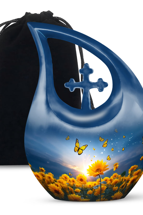 Golden Sunflower Memorial Urn - Butterfly Funeral Urn For Human Ashes