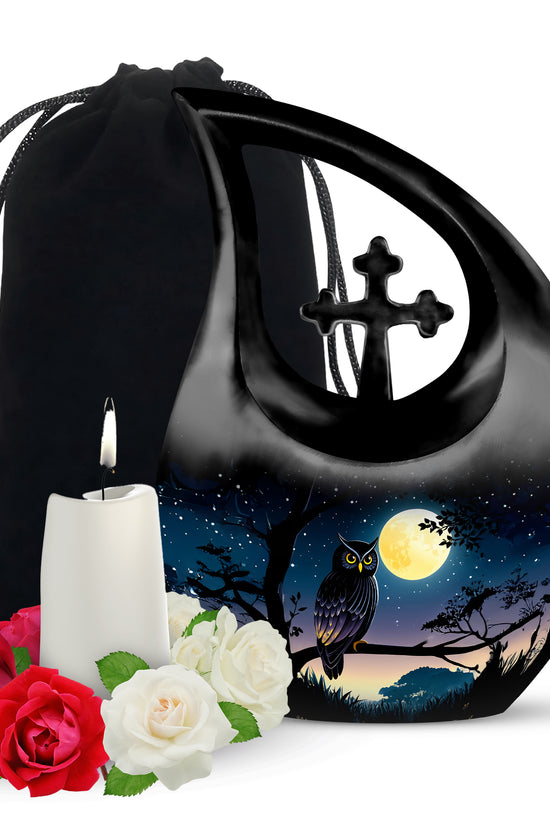 Black Owl Cremation Urn - Moonlight Memorial Urn For Human Ashes