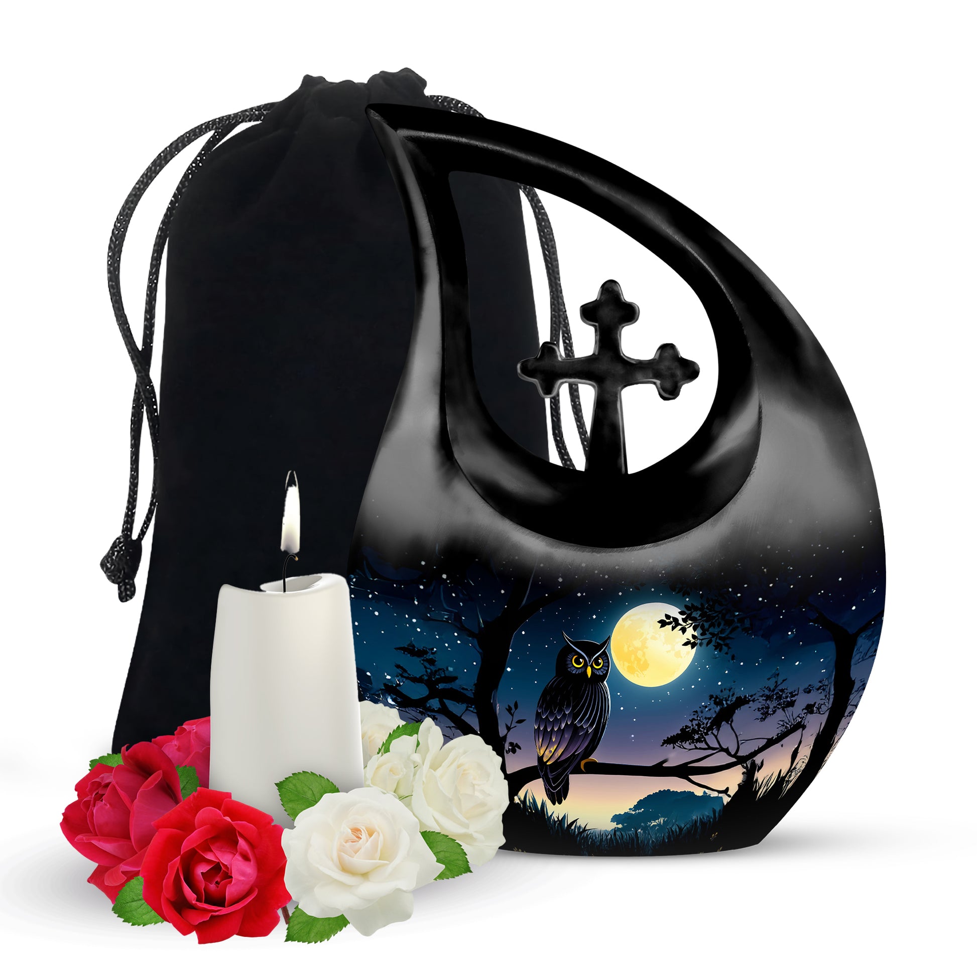 Black Owl Cremation Urn - Moonlight Memorial Urn For Human Ashes