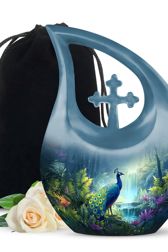 Blue Peacock Cremation Urn - Forest Waterfall Funeral Urn For Adult Ashes