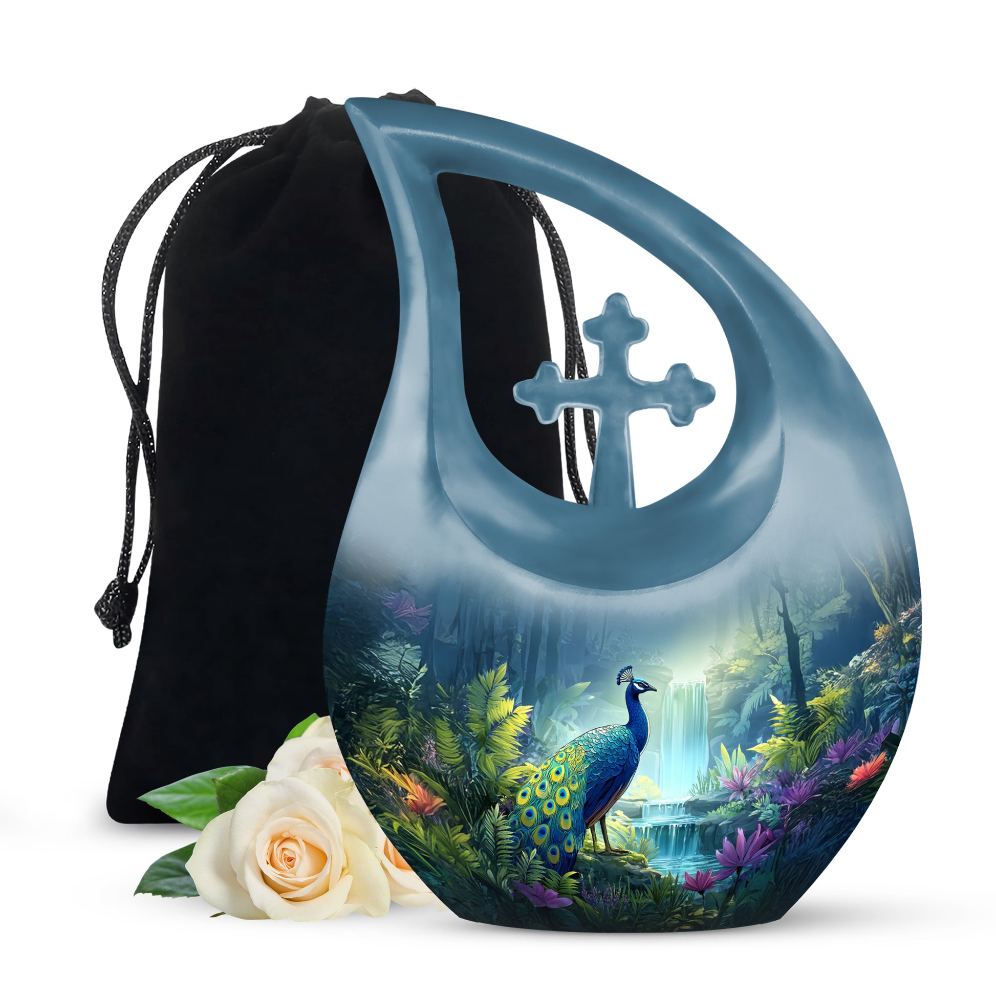 Blue Peacock Cremation Urn - Forest Waterfall Funeral Urn For Adult Ashes