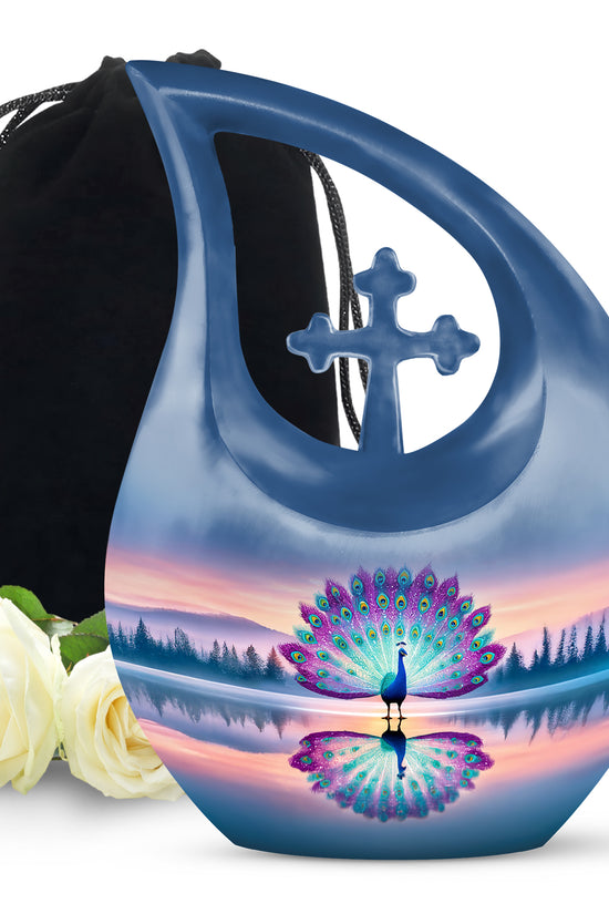 Colorful Peacock Cremation Urn - Sunset Lake Memorial Urn For Human Ashes
