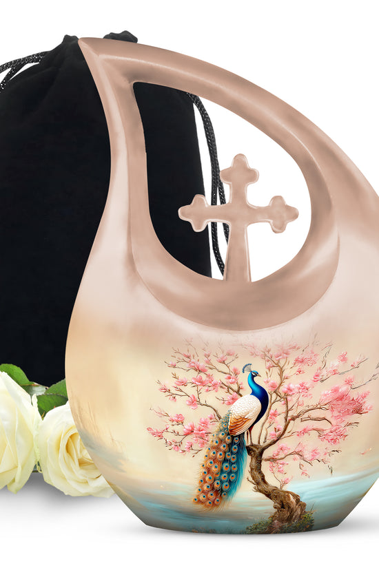 Elegant Peacock Floral Urn - Cherry Blossom Cremation Urn For Loved Ones