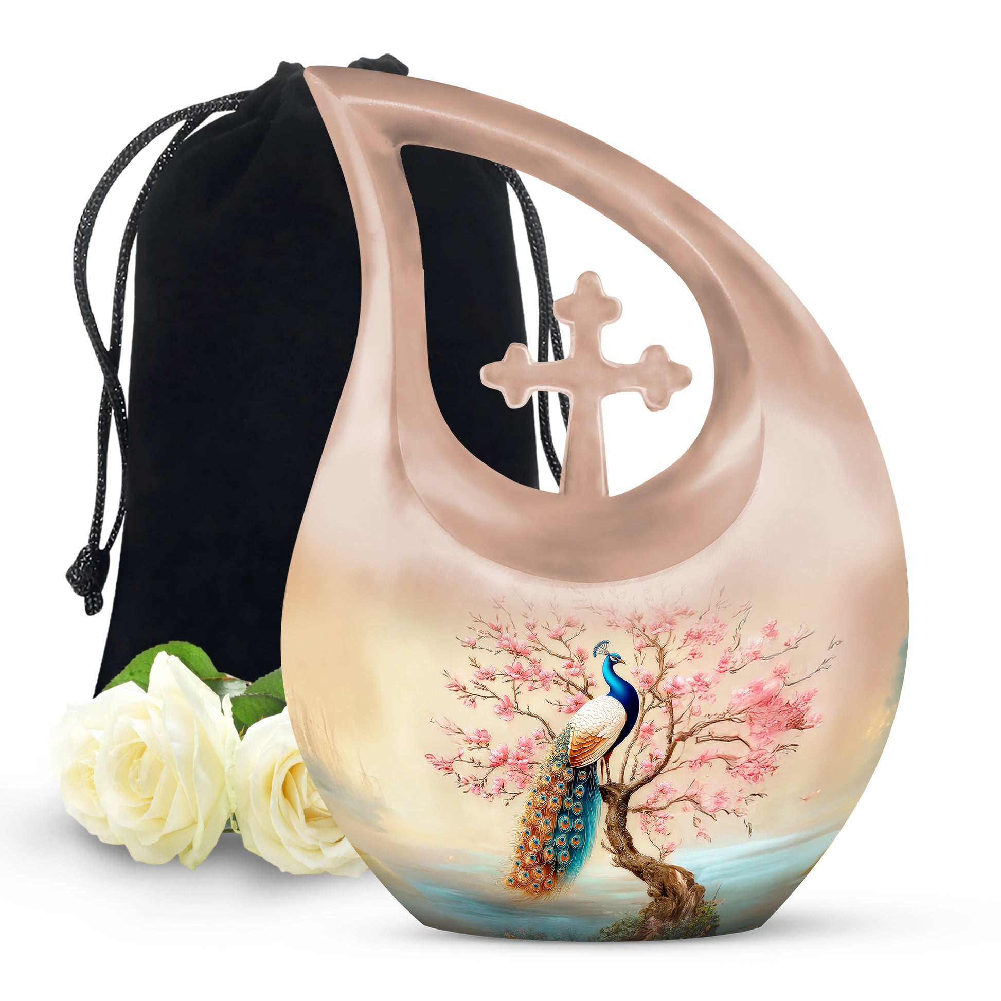 Elegant Peacock Floral Urn - Cherry Blossom Cremation Urn For Loved Ones