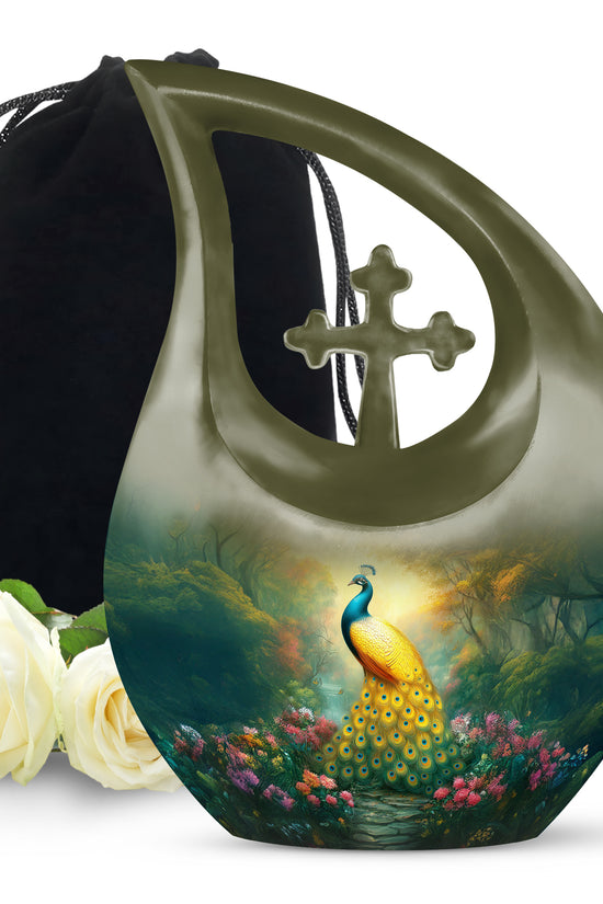 Golden Peacock Memorial Urn - Peaceful Nature Funeral Urn For Burial