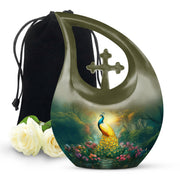 Golden Peacock Memorial Urn - Peaceful Nature Funeral Urn For Burial