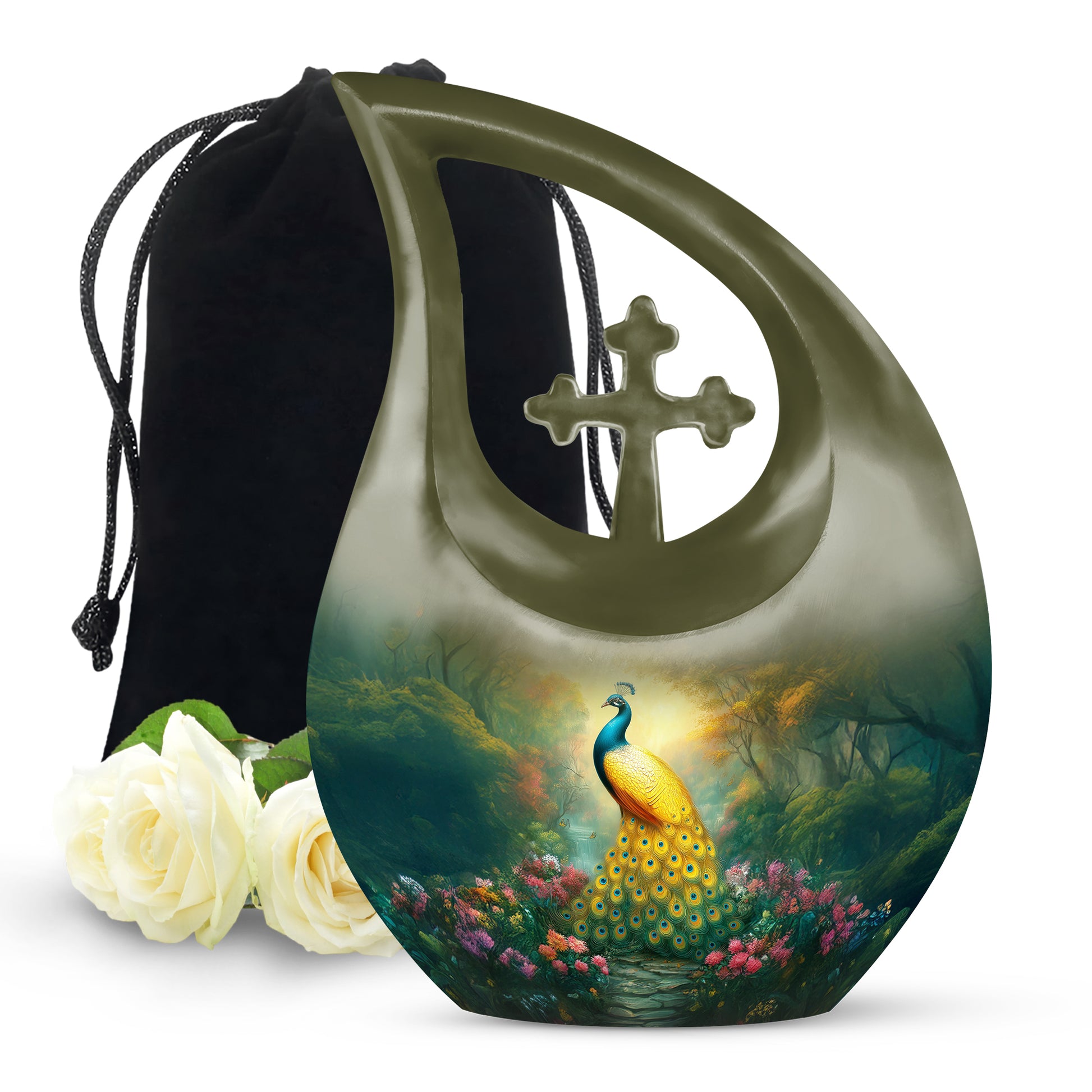 Golden Peacock Memorial Urn - Peaceful Nature Funeral Urn For Burial