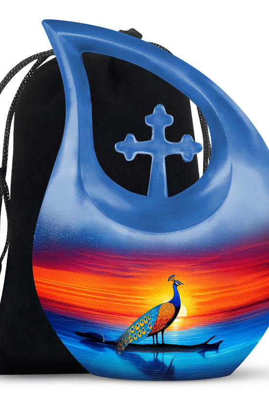 Peacock Sunset Memorial Urn - Artistic Cremation Urn For Burial