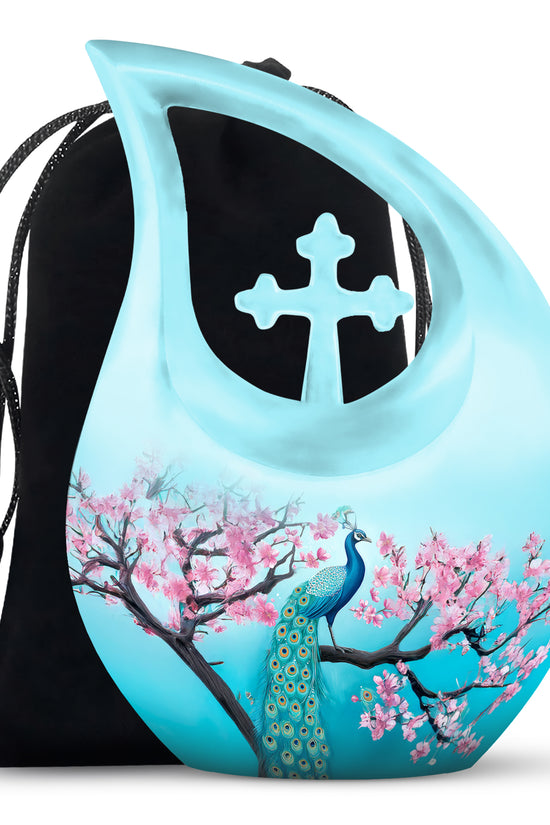 Peacock Nature Funeral Urn - Cherry Blossom Memorial Urn For Loved Ones