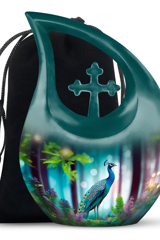 Elegant Peacock Memorial Urn - Beautiful Forest Memorial Urn For Loved Ones