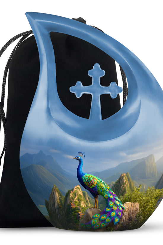 Blue Peacock Cremation Urn - Scenic Memorial Urn For Human Ashes