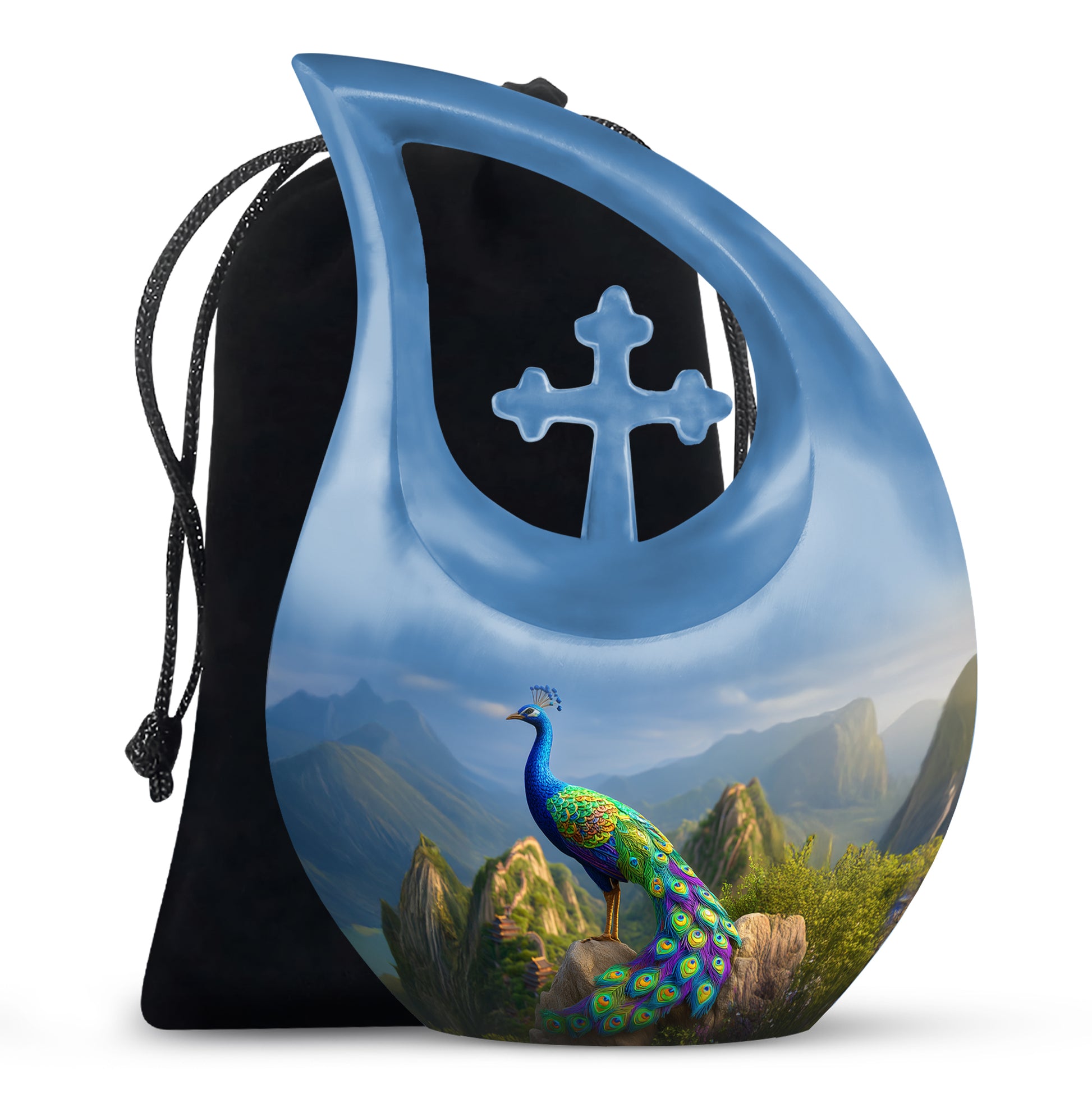 Blue Peacock Cremation Urn - Scenic Memorial Urn For Human Ashes