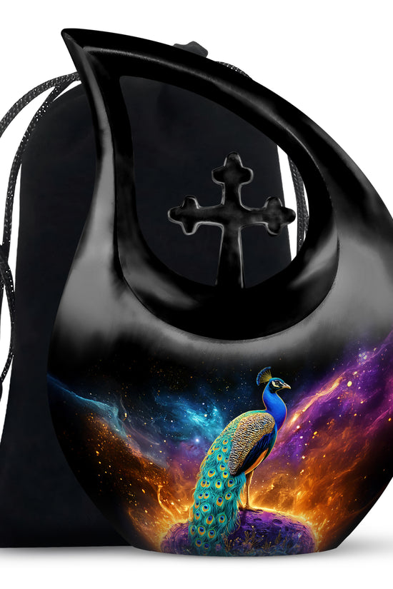 Peacock Galaxy Memorial Urn - Beautiful Black Aluminium Urn For Adult Ashes