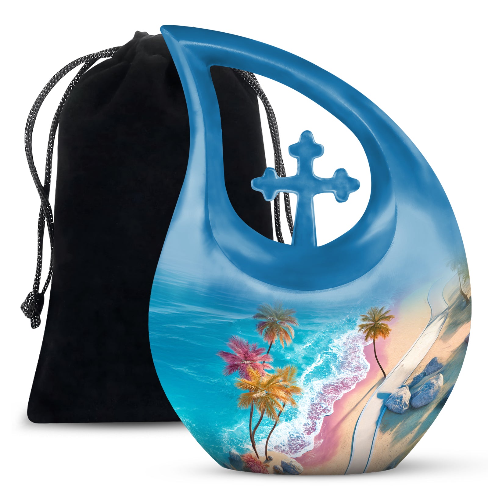 Blue Sea Urn Memorial For Ashes - Palm Trees Cremation Urn For Men