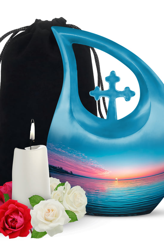 Blue Ocean Memorial Urn For Funeral - Sunset Cremation Urn For Ashes