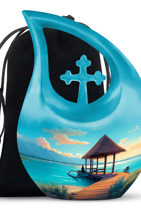 Beautiful Beach Cremation Urn - Blue Aluminum Funeral Urn For Burial
