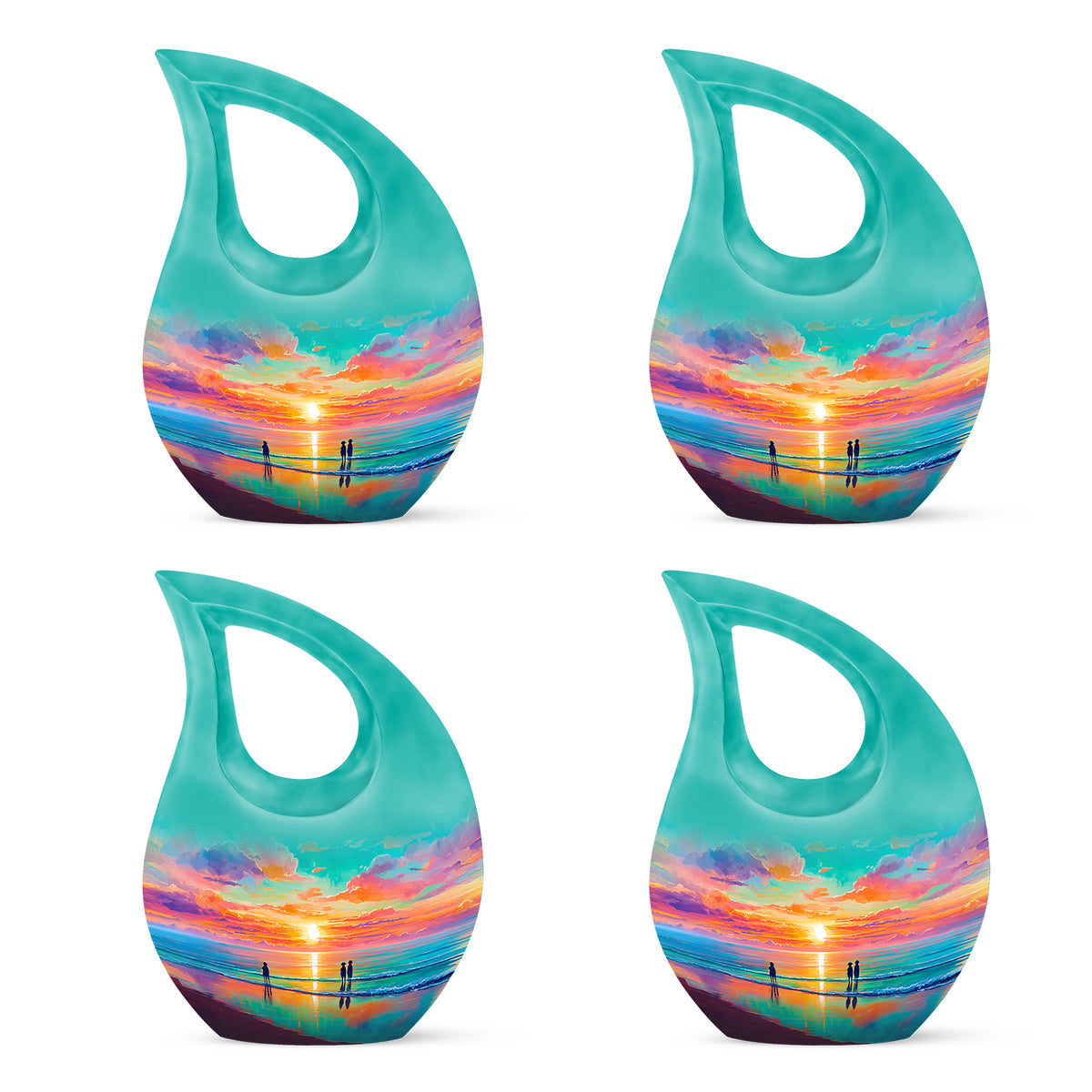 Tropical Teal Beach Cremation Urn lifestyle display on memorial shelf - devotional cross-drop beach engraving - 10 inch aluminum urn for cremated remains
