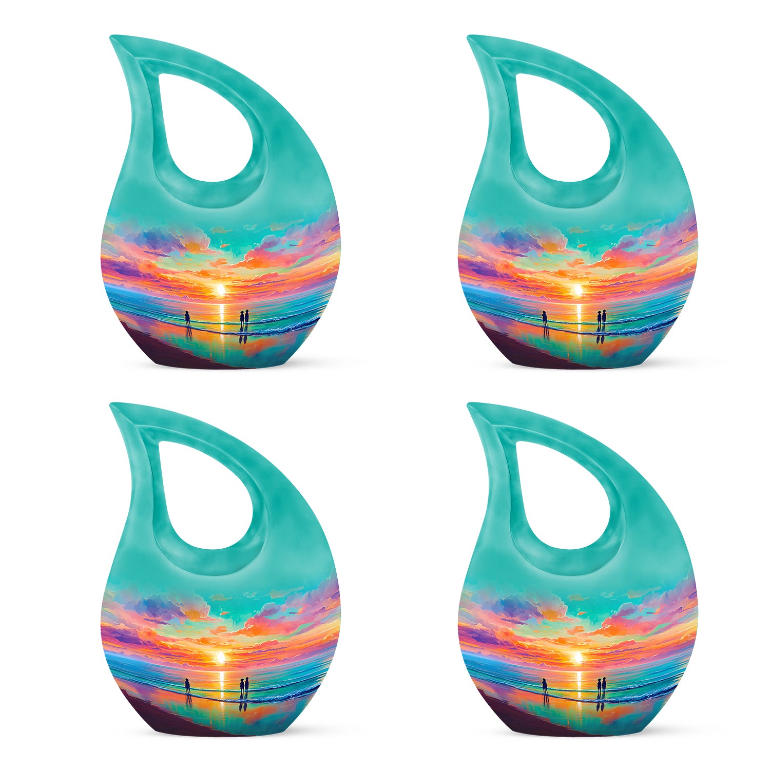 Tropical Teal Beach Cremation Urn lifestyle display on memorial shelf - devotional cross-drop beach engraving - 10 inch aluminum urn for cremated remains