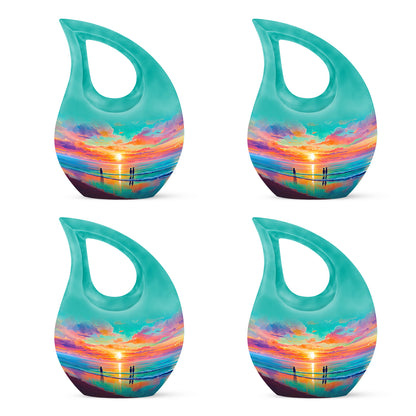 Tropical Teal Beach Cremation Urn lifestyle display on memorial shelf - devotional cross-drop beach engraving - 10 inch aluminum urn for cremated remains