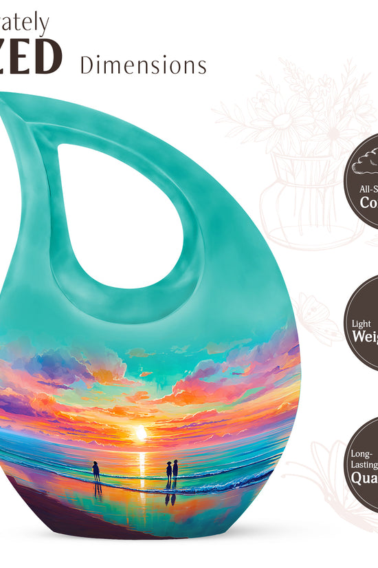 Soft Teal Beach Cremation Urn back view with polished surface - cross and beach combined in spiritual memorial design - mini keepsake memorial for portion of cremation ashes