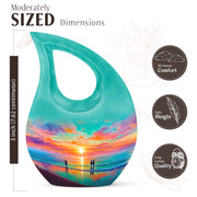 Soft Teal Beach Cremation Urn back view with polished surface - cross and beach combined in spiritual memorial design - mini keepsake memorial for portion of cremation ashes