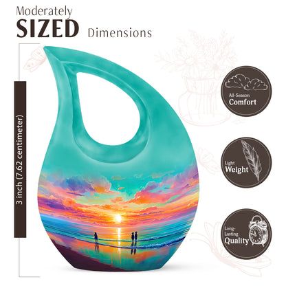 Soft Teal Beach Cremation Urn back view with polished surface - cross and beach combined in spiritual memorial design - mini keepsake memorial for portion of cremation ashes