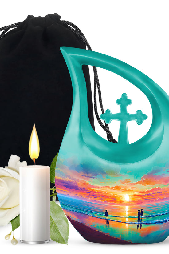 Ocean Teal Beach Cremation Urn top-down view of secure threaded lid - sacred cross merged with beach motif on metal - full-size 10 inch 200 cubic inch adult cremation urn