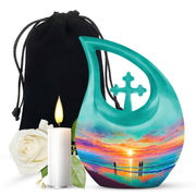 Ocean Teal Beach Cremation Urn top-down view of secure threaded lid - sacred cross merged with beach motif on metal - full-size 10 inch 200 cubic inch adult cremation urn