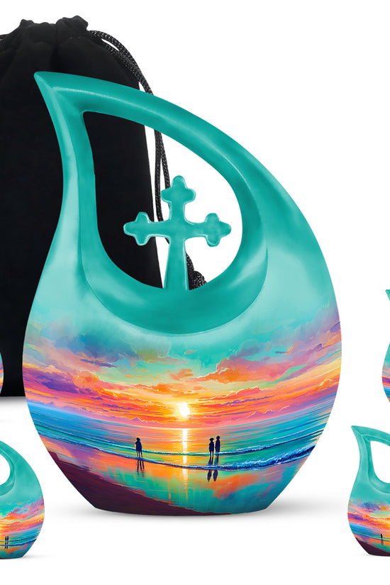 Mystic Teal Beach Cremation Urn urn with complimentary velvet bag - faith-inspired cross-drop urn with beach pattern - memorial set with one large and four small urns