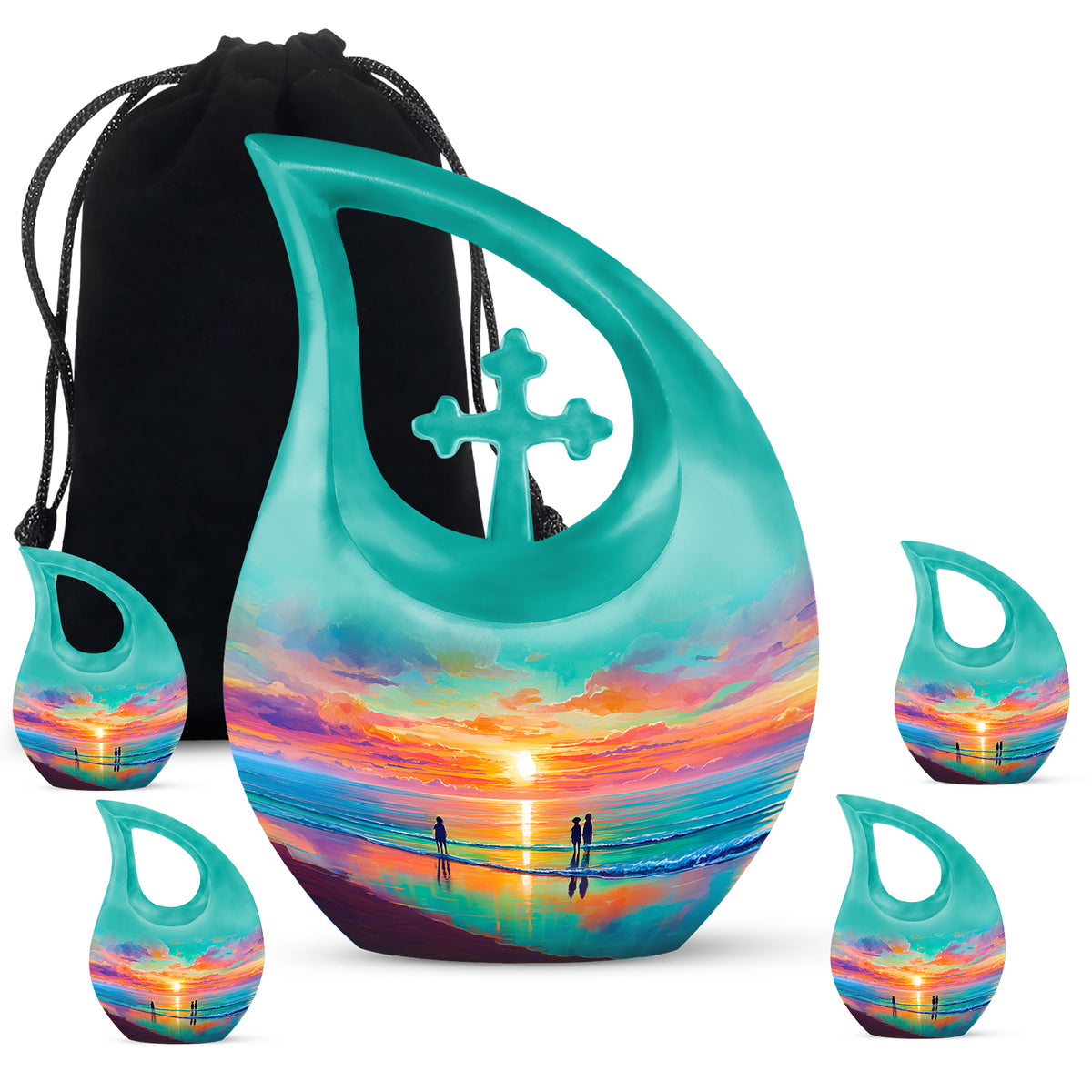 Mystic Teal Beach Cremation Urn urn with complimentary velvet bag - faith-inspired cross-drop urn with beach pattern - memorial set with one large and four small urns