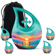Mystic Teal Beach Cremation Urn urn with complimentary velvet bag - faith-inspired cross-drop urn with beach pattern - memorial set with one large and four small urns