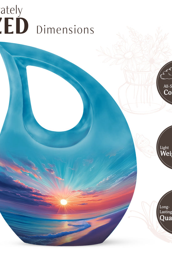 Tropical Teal Beach Cremation Urn back view with polished surface - devotional cross-drop beach engraving - mini keepsake memorial for portion of cremation ashes