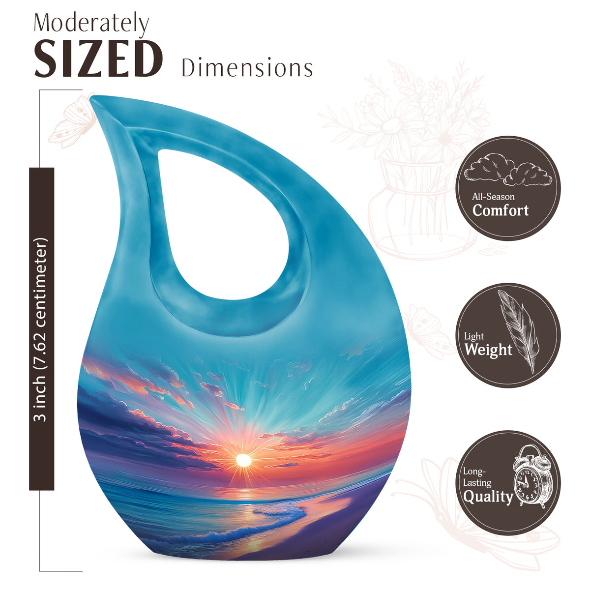 Tropical Teal Beach Cremation Urn back view with polished surface - devotional cross-drop beach engraving - mini keepsake memorial for portion of cremation ashes