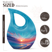 Tropical Teal Beach Cremation Urn back view with polished surface - devotional cross-drop beach engraving - mini keepsake memorial for portion of cremation ashes