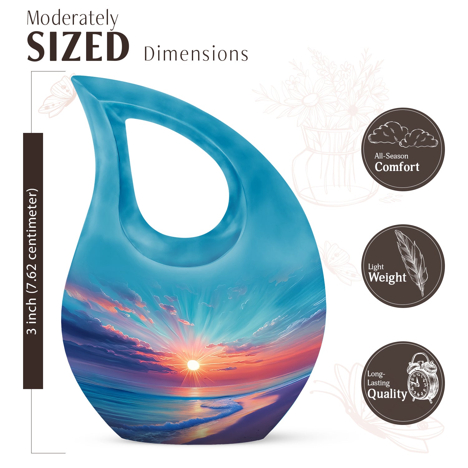 Tropical Teal Beach Cremation Urn back view with polished surface - devotional cross-drop beach engraving - mini keepsake memorial for portion of cremation ashes