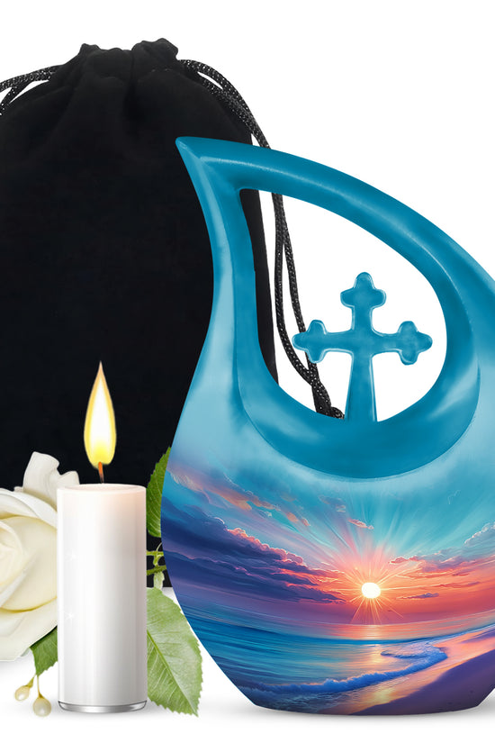 Vivid Teal Beach Cremation Urn top-down view of secure threaded lid - devotional cross-drop beach engraving - full-size 10 inch 200 cubic inch adult cremation urn