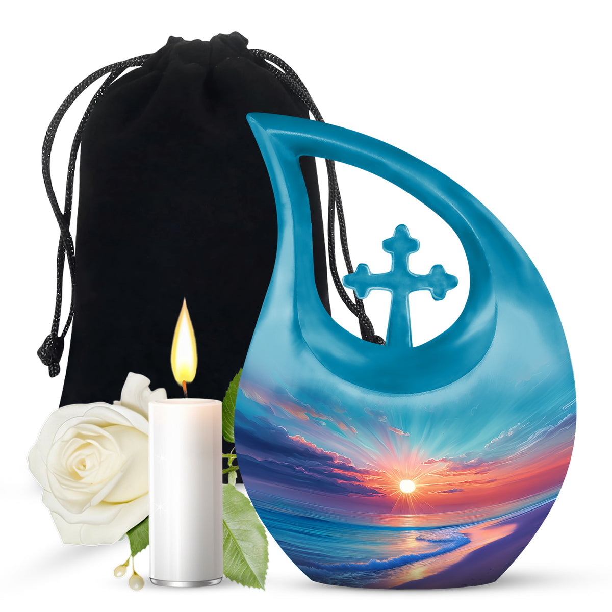 Vivid Teal Beach Cremation Urn top-down view of secure threaded lid - devotional cross-drop beach engraving - full-size 10 inch 200 cubic inch adult cremation urn
